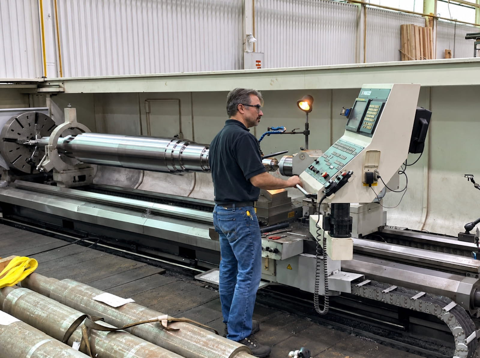 Lathe machining a large industrial shaft at HFW Industries