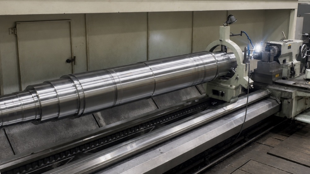 Lathe machining a large power generation shaft at HFW Industries