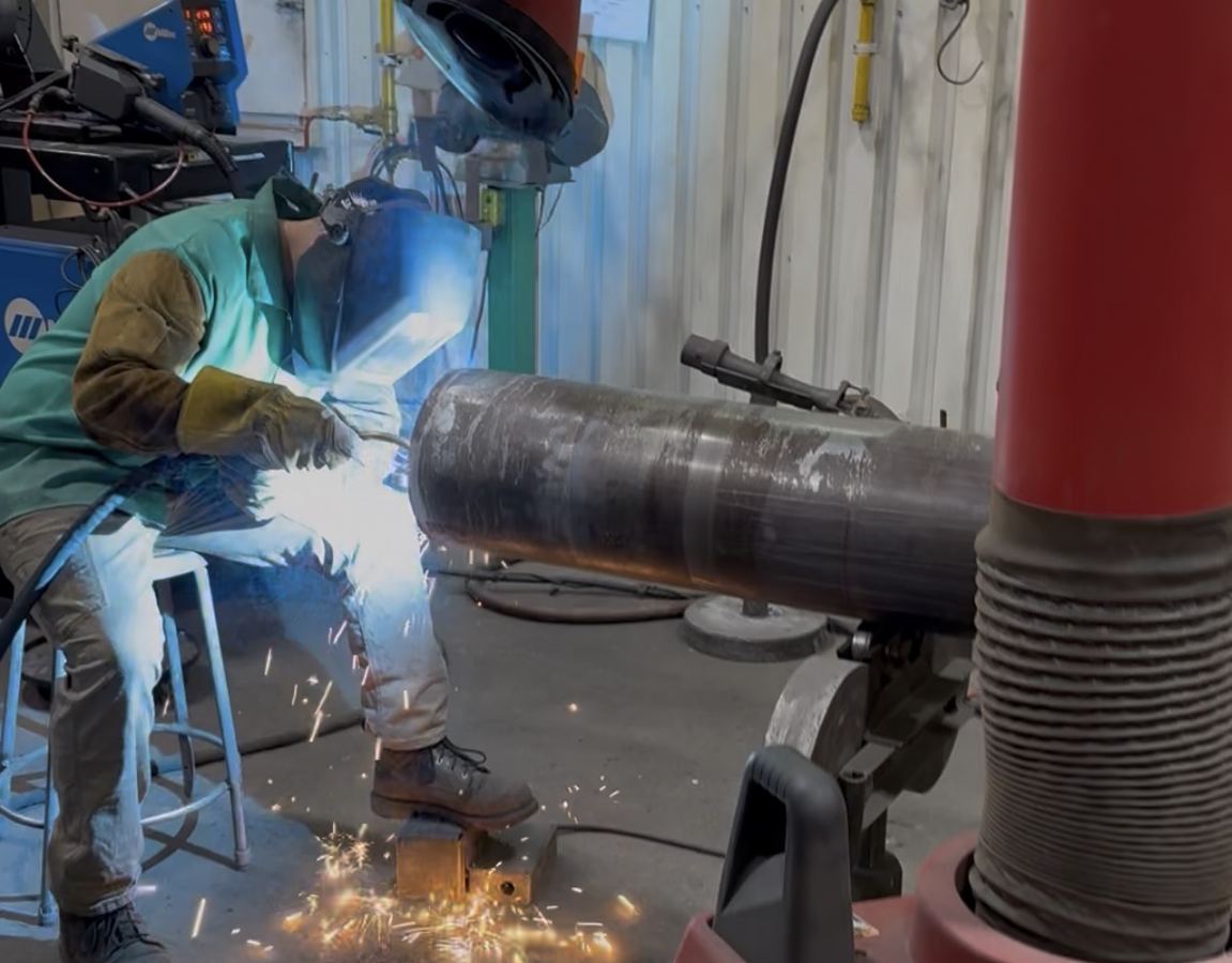 MIG welding used for dimensional restoration and hard face overlay repair on an industrial roll.