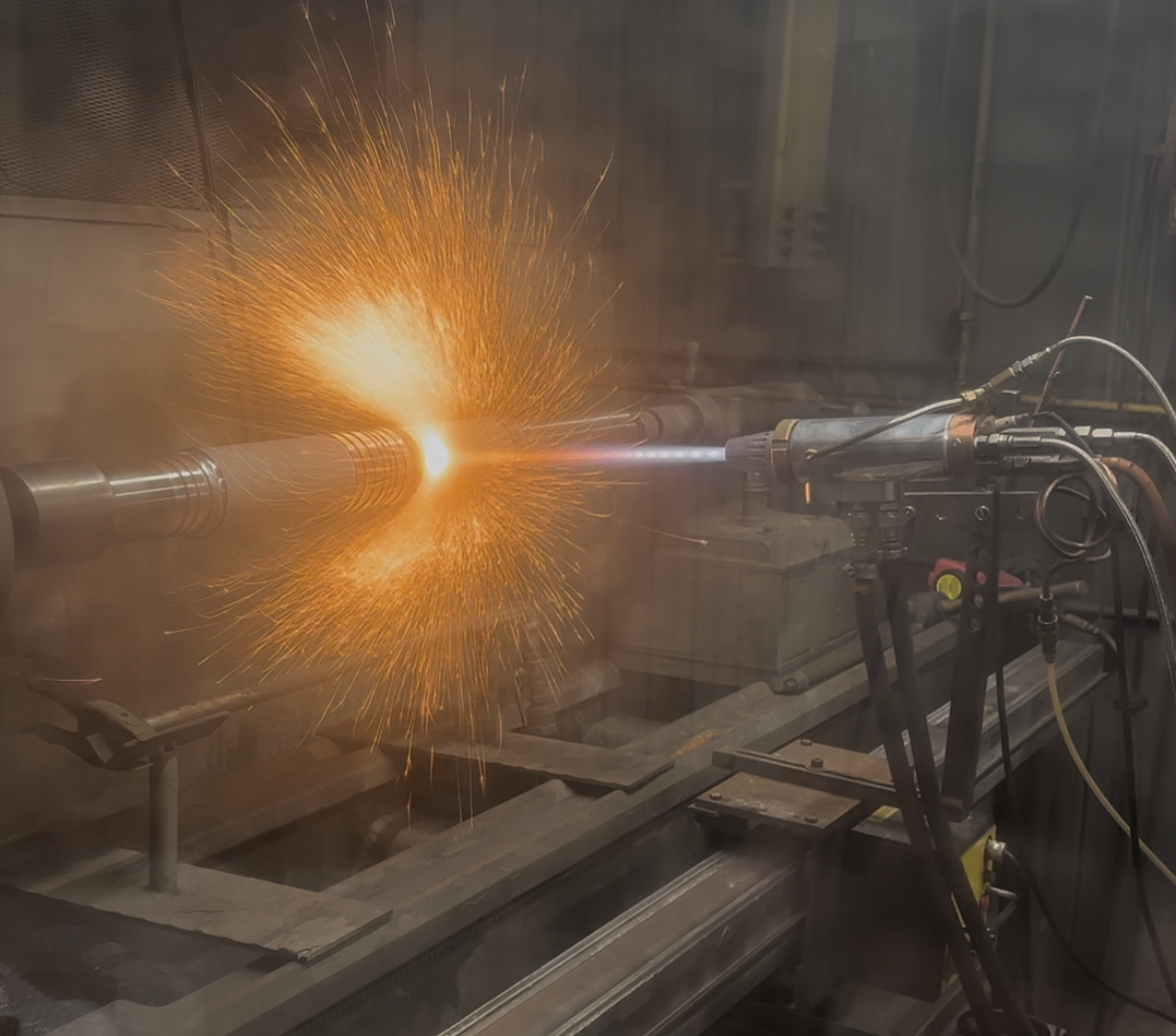 HVOF process being used to coat a turbine shaft.